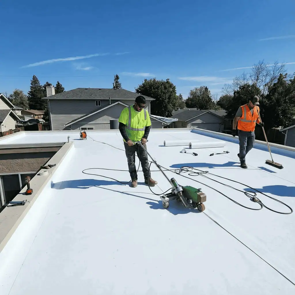 Roof coating application by roofing professionals on a residential building.